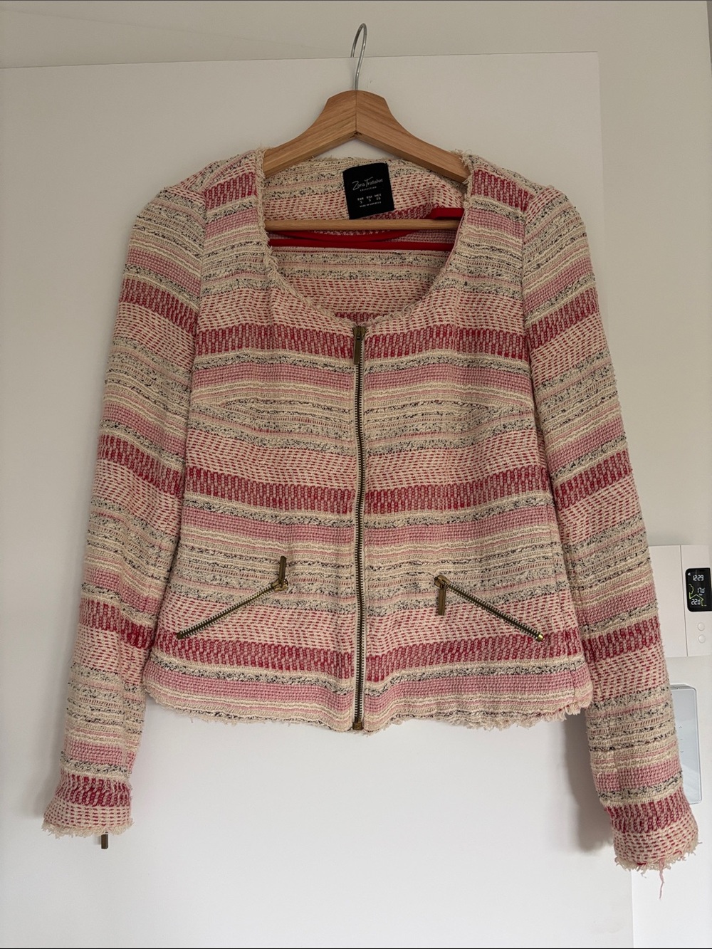 Zara Pink & Cream Striped Tweed Zip Jacket